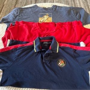 Three polo Ralph Lauren shirts, one photo, red, white and blue, excellent cond.